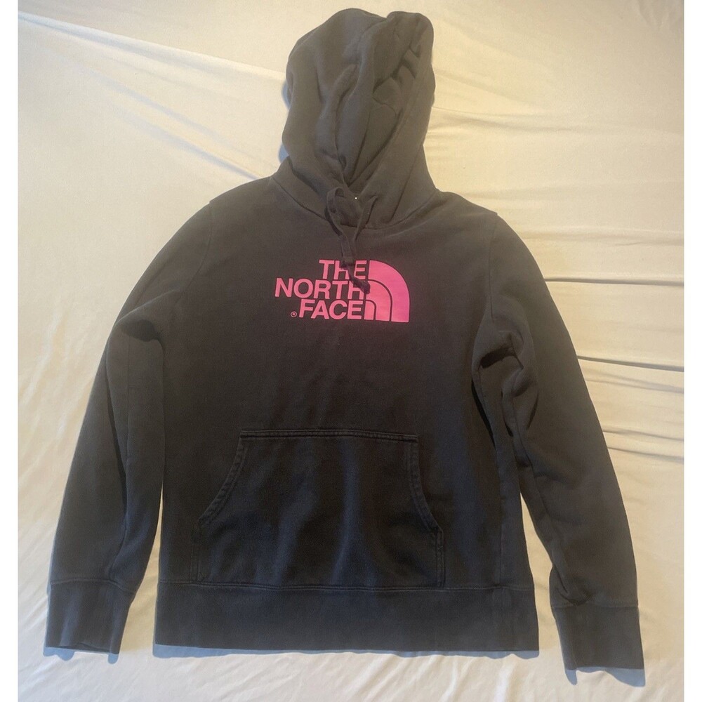 The North Face Graphic Pink Print Hoodie Sweatshirt Long Sleeves Black Womenās M